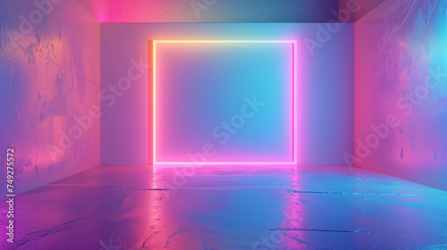 neon portal illuminates a dark room, casting vibrant reflections on the floor, creating a surreal atmosphere