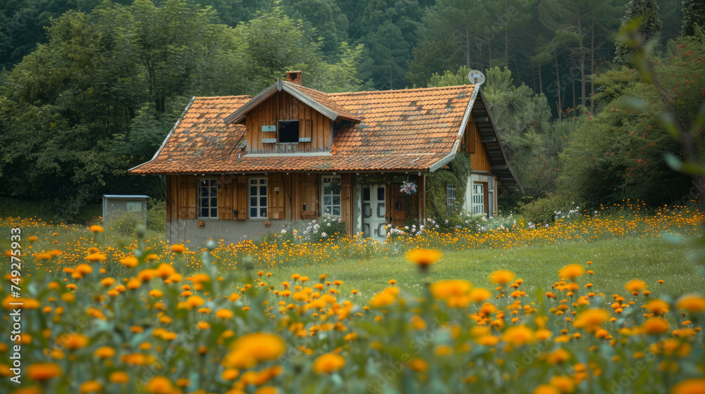 A quaint wooden cottage with an orange tiled roof, nestled in a lush green forest clearing, surrounded by a vibrant field of orange wildflowers under a cloudy sky.