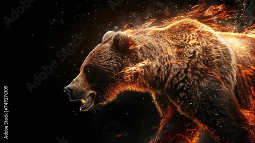 Predatory brown bear wild animal, beast isolated black background. Power of blazing fire flame. Generative ai. photo