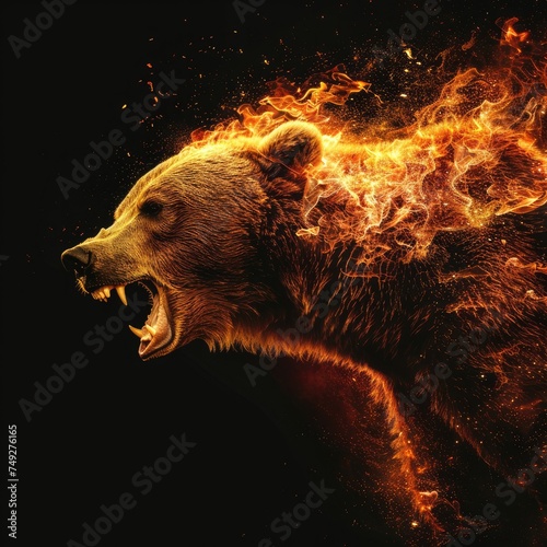 Predatory brown bear wild animal, beast isolated black background. Power of blazing fire flame. Generative ai. photo
