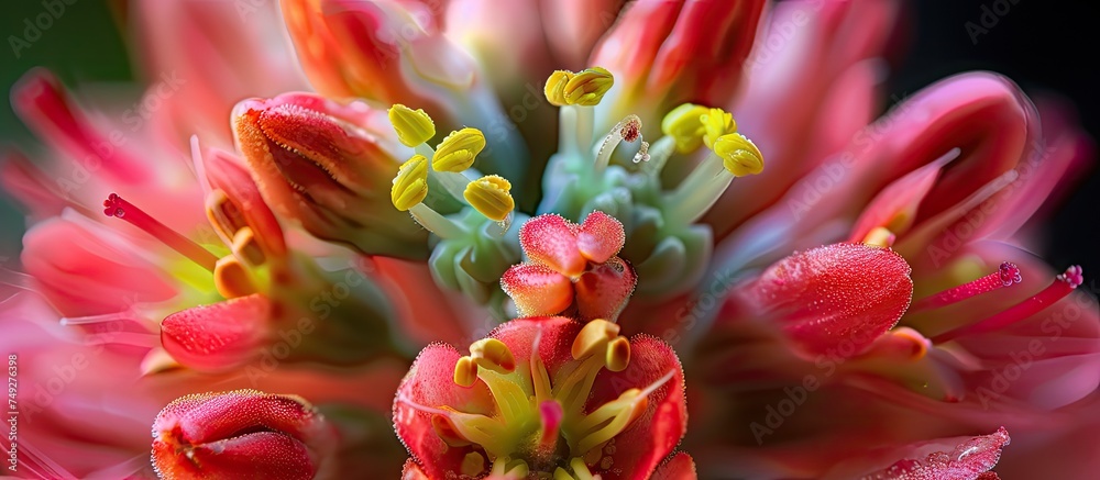 Fototapeta premium A detailed view of a red flower with vibrant yellow stamen, showcasing the intricate reproductive system of a flowering plant.