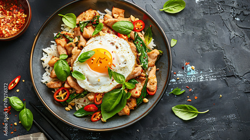 Rice topped with stir-fried pork and basil and fried egg