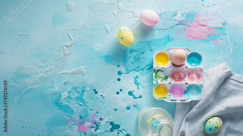 Light blue messy painted backdrop with smears, blobs and splashes, with flat lay colorful eggs in an egg carton and copy-space. Created with AI.