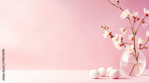 Elegant composition with vase with fresh spring branches with flowers and with eggs on light pink background. Easter themed and Created with AI.