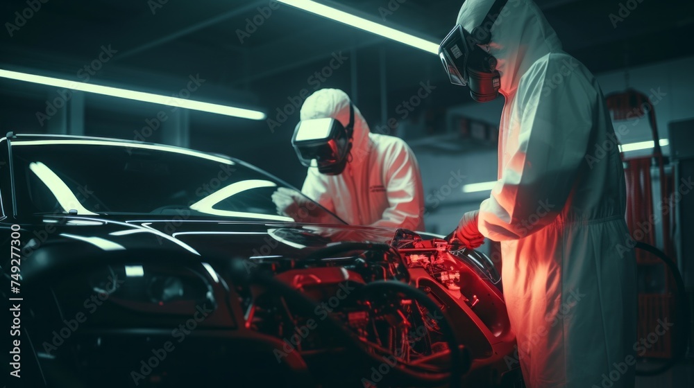 EV car station, Technicians and mechanics in white smart uniform with masks repairing EV car, chargings, tire replacing, futuristic
