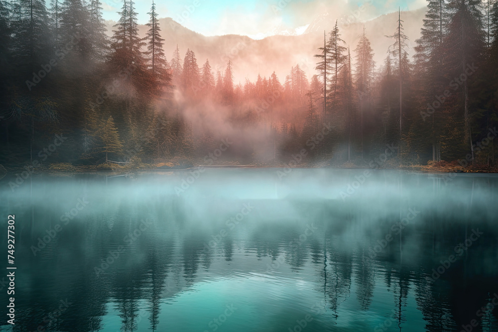 Fototapeta premium Beautiful landscape image of misty lake at sunrise in front of pine trees and mountains