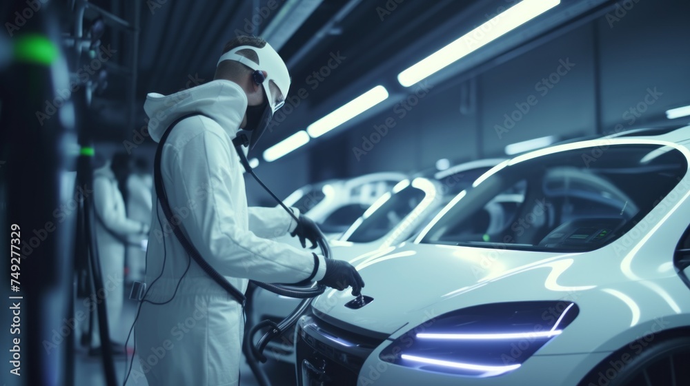 EV car station, Technicians and mechanics in white smart uniform with masks repairing EV car, chargings, tire replacing, futuristic