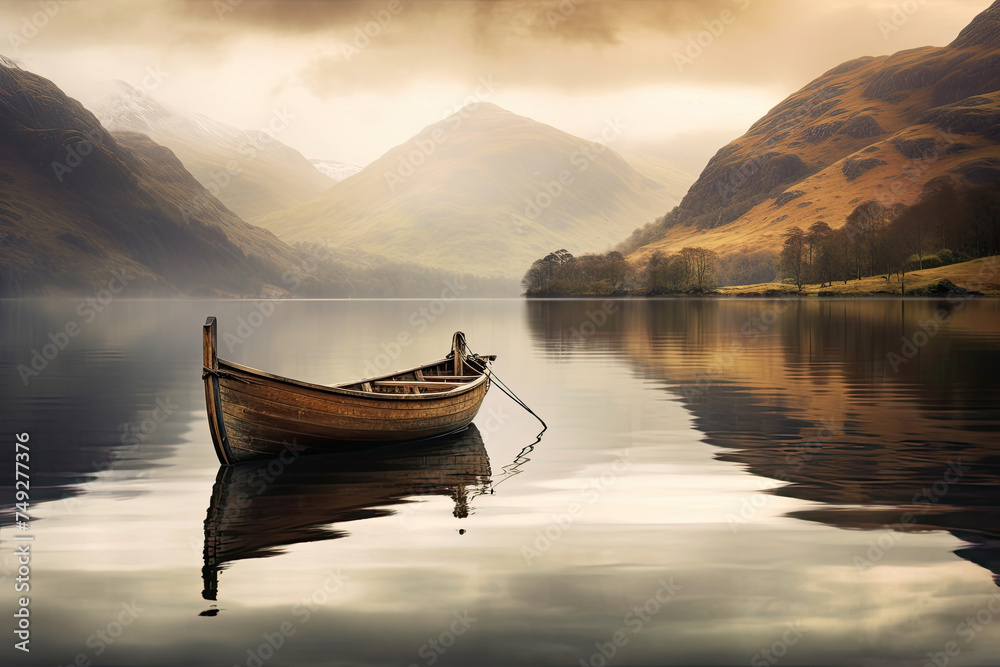 Beautiful calm and peaceful landscape image of lone boat on still lake at sunrise with mountains in background - obrazy, fototapety, plakaty 