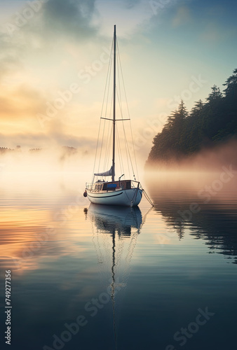 Beautiful calm and peaceful landscape image of lone boat on still lake at sunrise with mountains in background