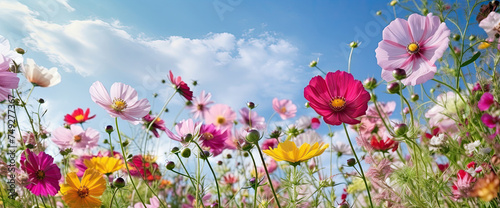 Beautiful low POV landscape image of vibrant Summer wildflower meadow against blue sky