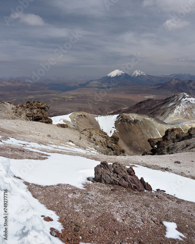 Climbing the Cerro Acotango, at border between Bolivia and Chile. 6052 meters high, with stunning views of the volcanoes Sajama and Parinacota photo