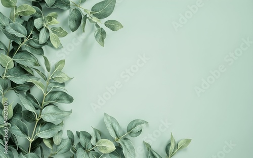 Green leaves on green surface, isolated on background, design template, space for text, banner, greeting card, poster, minimalistic, wedding, march, mothers day