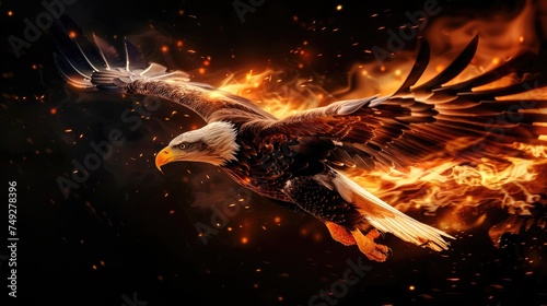 Predatory eagle wild animal, beast isolated black background. Power of blazing fire flame. Generative ai.