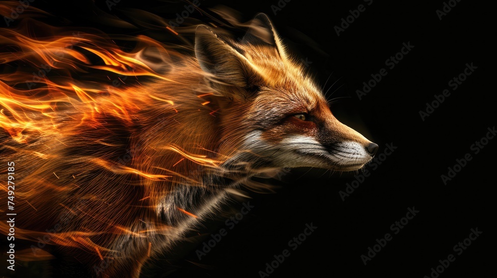 Fototapeta premium Predatory fox wild animal, beast isolated black background. Power of blazing fire flame. Generative ai.