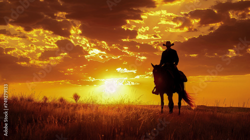 A cowboy riding a horse in a field at sunset