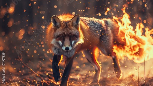 Predatory fox wild animal, beast isolated black background. Power of blazing fire flame. Generative ai. © Dvid