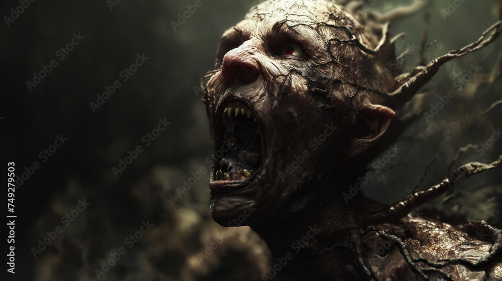 Grotesque creature with bared fangs and crimson eyes roars fiercely, its skin cracked and rough like aged bark, set against a dark, ominous forest background