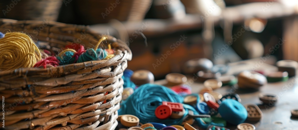 A wicker basket overflows with a diverse array of different colored yarn, interspersed with wooden buttons, filling the frame with vibrant hues and textures. A wicker basket overflows with a diverse array of different colored yarn, interspersed with wooden buttons, filling the frame with vibrant hues and textures.