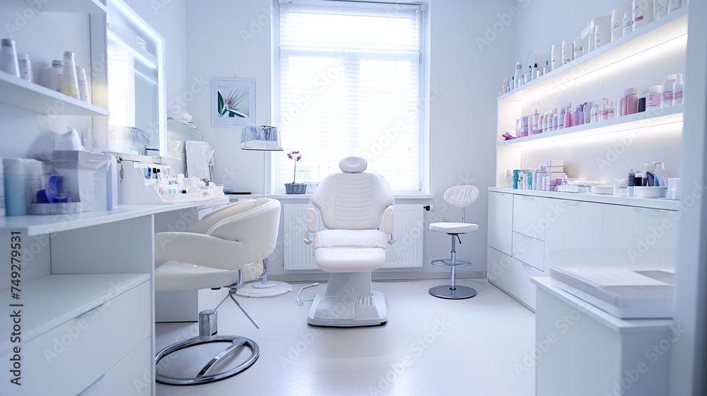 Modern beauty clinic interior with a white treatment chair, shelves with skincare products, a large mirror, framed artwork, and a peaceful, clean ambiance