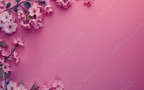 pink flowers and leaves on pink surface, isolated on background, design template, space for text, banner, greeting card, poster, minimalistic, wedding, march, mothers day