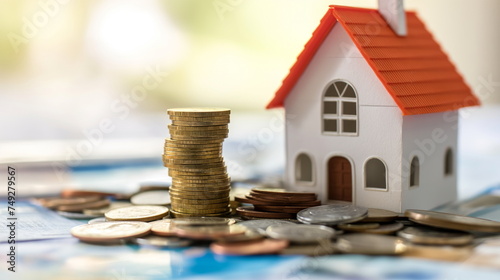 Miniature house model surrounded by stacks of coins on a blueprint, illustrating the concept of real estate investment, mortgages, or the cost of home financing