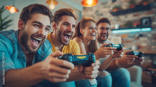 Excited friends playing video games over console at home. Enthusiastic friends gather at home, engrossed in multiplayer video games on a console, radiating joy and camaraderie