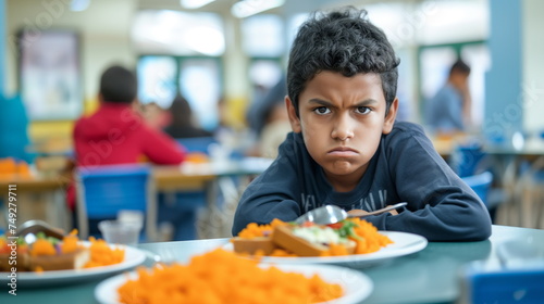 Unhappy young boy with a frown sitting in a cafeteria  his elbows on the table  looking dissatisfied with a healthy lunch plate in front of him