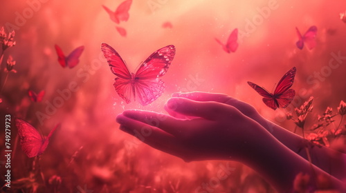 Fantasy scene two hands gently hold a burst of energy from which butterflies emerge, all enveloped in a mystical pink haze © Mars0hod
