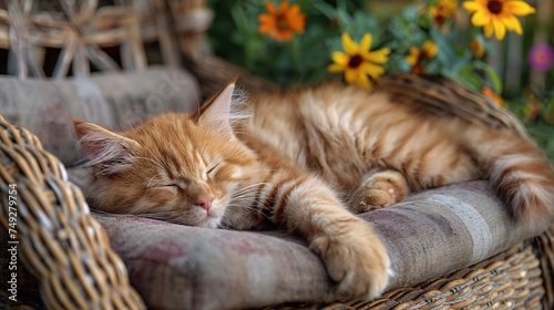 Fluffy sleeping ginger cat, selective focus. © Nataliia