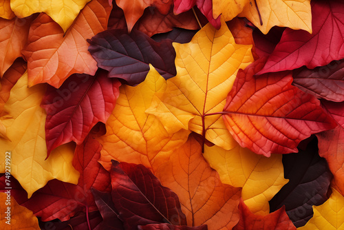 Autumn leaves background, orange, yellow, red, stacked on top of each other. Neatly used for designing wallpapers with space for text. Give a feeling of change, maple leaf colourful pattern nature