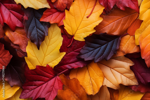 Autumn leaves background, orange, yellow, red, stacked on top of each other. Neatly used for designing wallpapers with space for text. Give a feeling of change, maple leaf colourful pattern nature