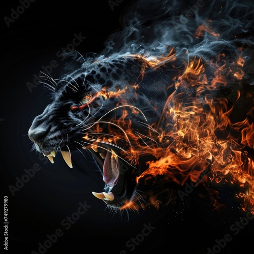 Predatory panther wild animal, beast isolated black background. Power of blazing fire flame. Generative ai.
