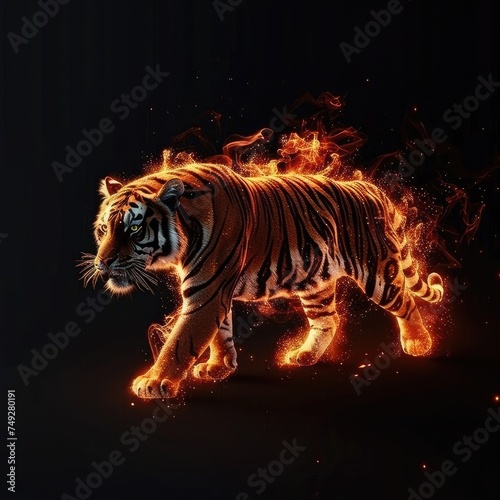 Predatory tiger wild animal, beast isolated black background. Power of blazing fire flame. Generative ai. © Dvid
