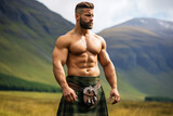 Scottish muscular man in a kilt and bare-chested stands against the background of mountains