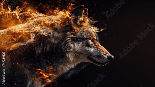 Predatory wolf wild animal, beast isolated black background. Power of blazing fire flame. Generative ai.
