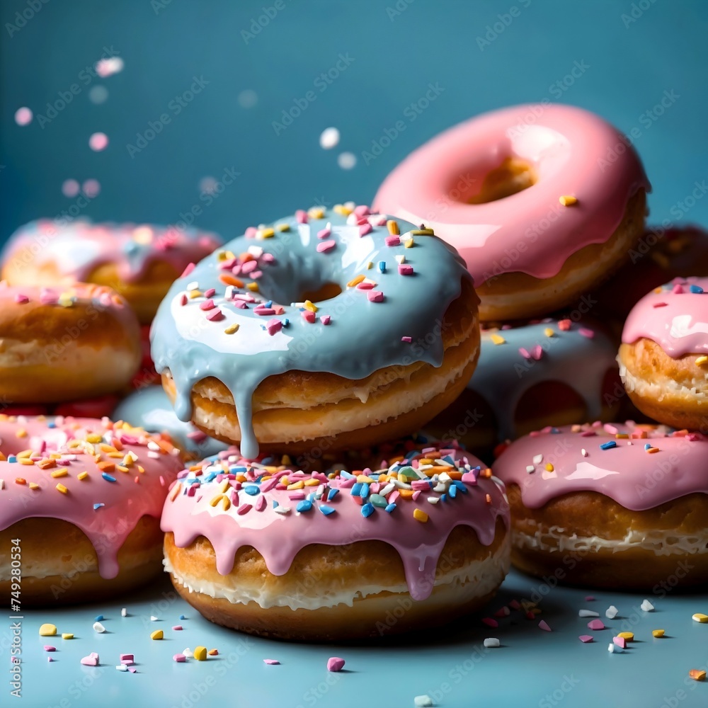 A detailed close up indoor image of pink frosted doughnuts with sprinkles and icing with a light blue background, some mess and splatter from the doughnuts A detailed close up indoor image of pink frosted doughnuts with sprinkles and icing with a light blue background, some mess and splatter from the doughnuts