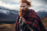 Scottish man in a red plaid kilt on a valley and mountains