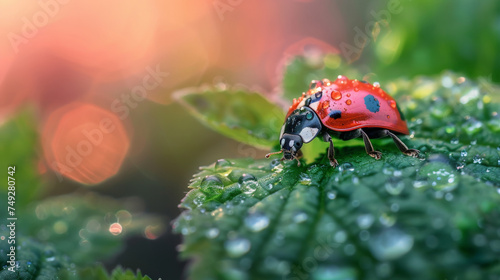 A ladybug is sitting on a leaf that is wet