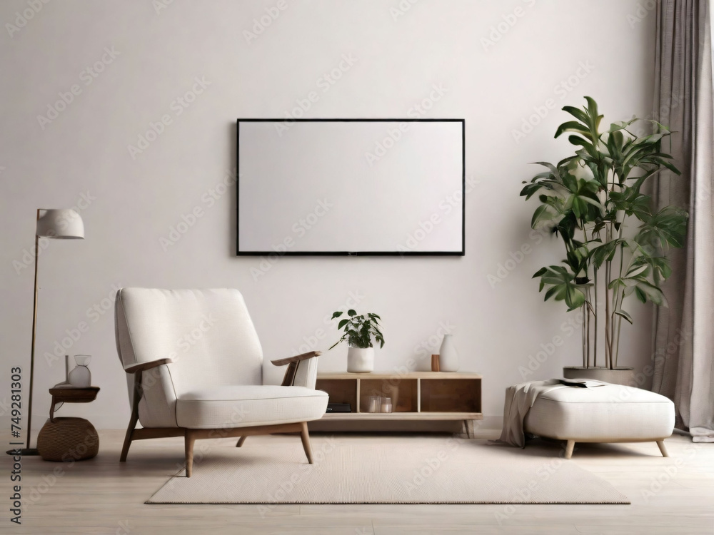 Mockup a TV wall mounted with armchair in living room with a white wall. 