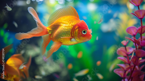 Solitary Goldfish in a Colorful Aquarium