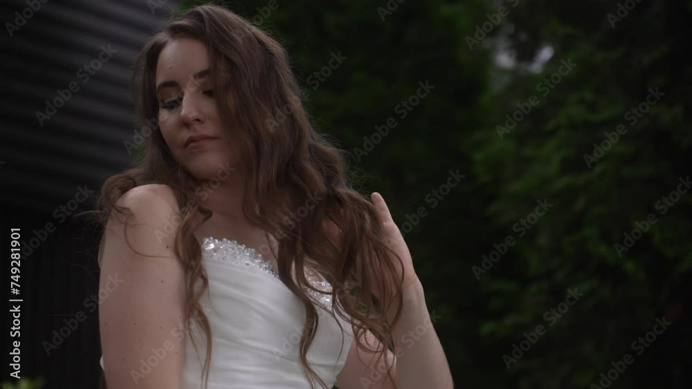 Bride in white wedding dress walking down stairs, happy Bride in white wedding dress walking down stairs, happy