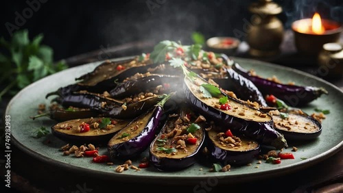a plate of spicy stir-fried eggplant photo