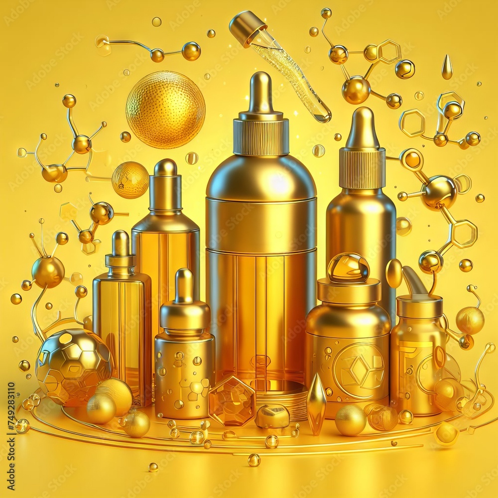 A dynamic display of golden luxury skincare bottles surrounded by floating droplets and molecular structures, showcasing the fusion of beauty and science. The image radiates opulence and represents