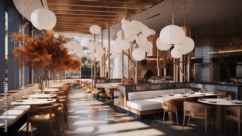 A modernist restaurant with suspended pendant lights and avant-garde artwork photo