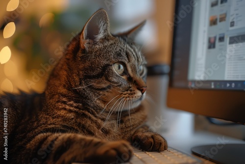 Tabby cat with striking green eyes focused on a computer screen in a cozy indoor environment