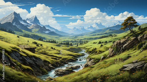 Exploring the Majestic Beauty of Mountain Landscapes: A Summer Adventure in the Alps with Stunning Panoramic Views and Alpine Bliss, generative AI