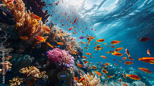 Shoal of fish swimming in coral reefs of blue Red Sea.