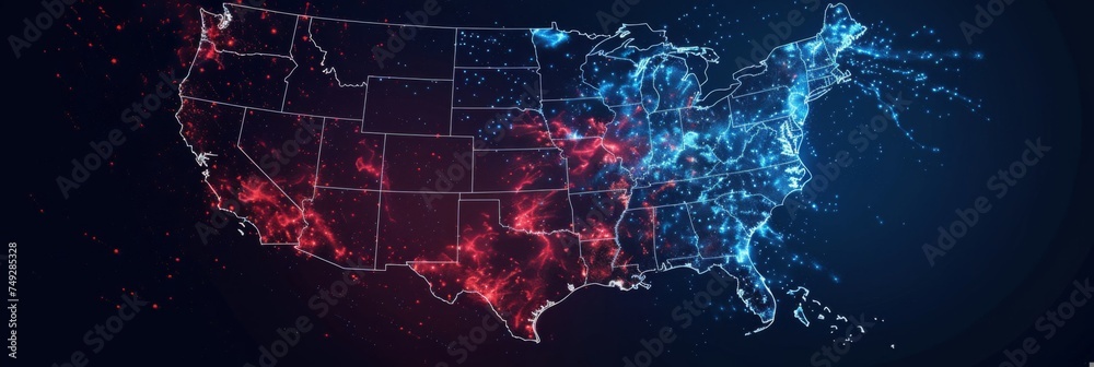 A map of the USA highlighted in red, blue, and white, pinpointing election hotspots. - obrazy, fototapety, plakaty 