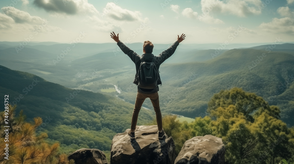 Explorer Raising Hands to the Sky Upon Reaching the Summit of a Mountain, Admiring the Stunning Panoramic View Explorer Raising Hands to the Sky Upon Reaching the Summit of a Mountain, Admiring the Stunning Panoramic View