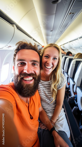 Happy Couple Taking a Selfie Inside an Airplane